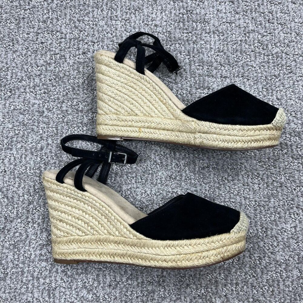Crown Vintage Wedge Sandals Womens 7.5 Black Suede Espadrille Ankle Strap - Picture 5 of 9